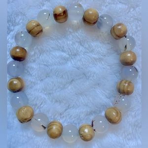 Flower Agate and Wood Handmade Bead Crystal Gem Bracelet